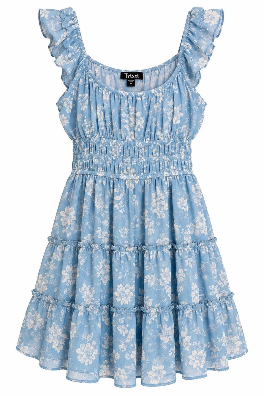 Trixxi Blue Floral Smocked Ruffle Mini Dress – Size Medium